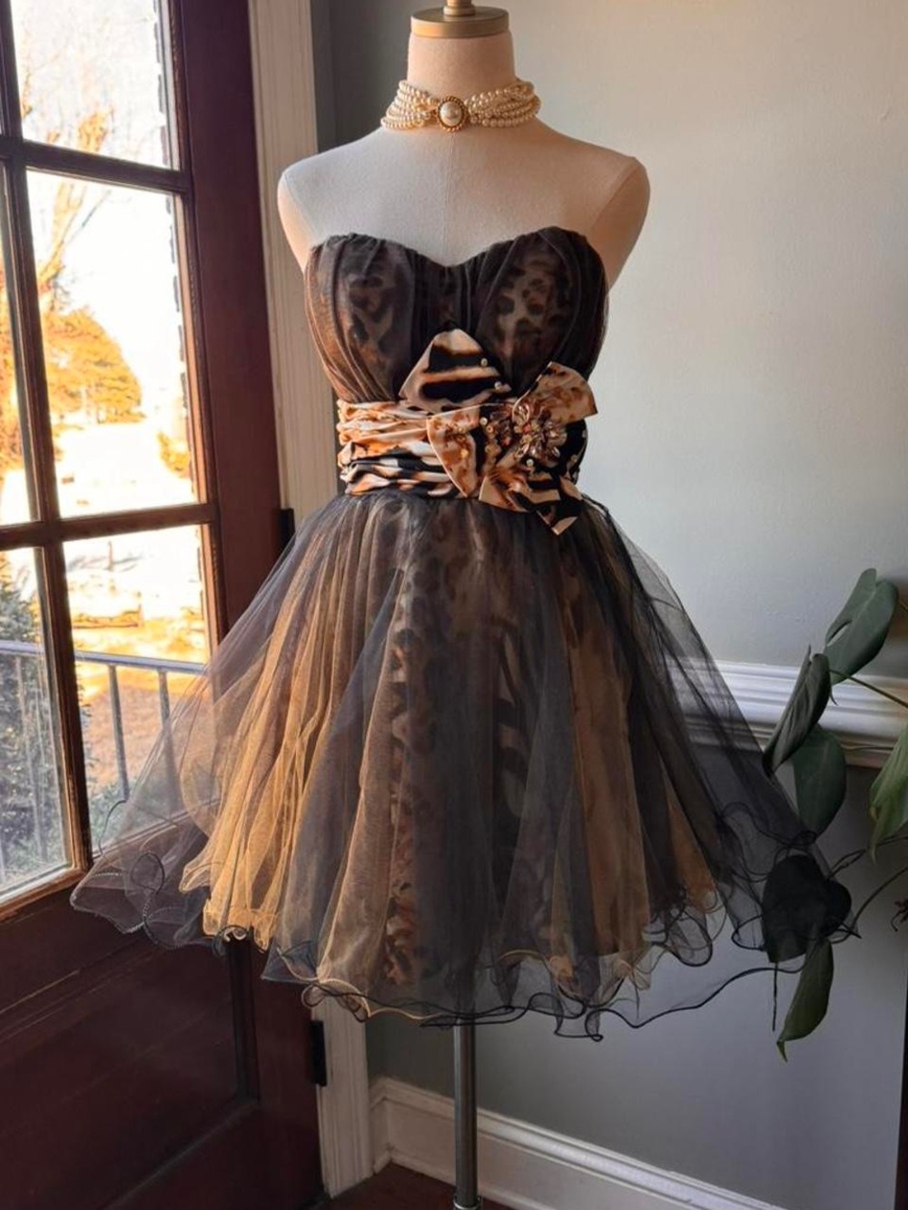 Strapless Black and Gold Tulle Maxi Dress with Leopard-Accent Sash